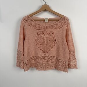 Ultra Pink Crochet Lace Blouse Large Peach Boho Romantic Cottagecore Coquette